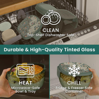 Glass Prints Salad Container - 7.6-Cup Tinted Glass Salad Bowl with Airtight Lid, Leak-Proof Sauce Container, 4-Compartment Bento Meal Prep Tray & Reusable Fork (Floral Maximalist - Sea)