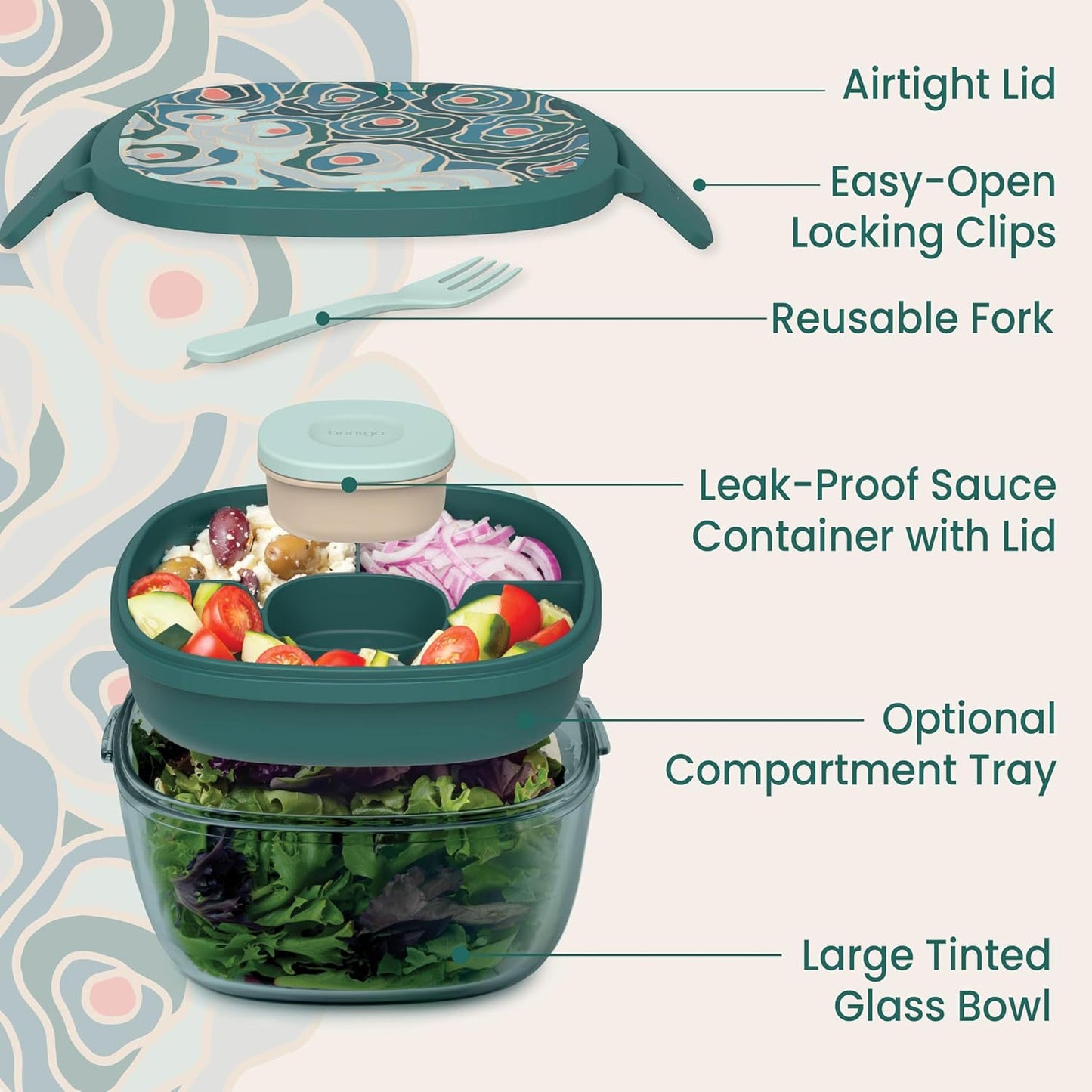 Glass Prints Salad Container - 7.6-Cup Tinted Glass Salad Bowl with Airtight Lid, Leak-Proof Sauce Container, 4-Compartment Bento Meal Prep Tray & Reusable Fork (Floral Maximalist - Sea)