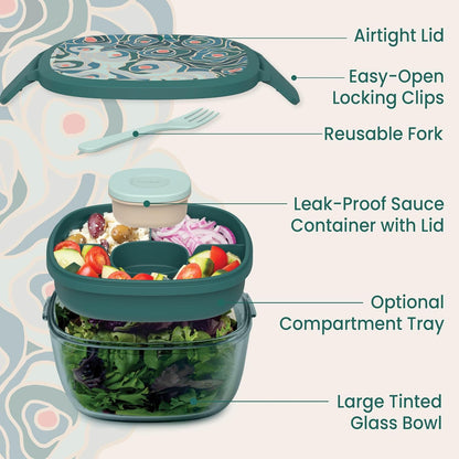 Glass Prints Salad Container - 7.6-Cup Tinted Glass Salad Bowl with Airtight Lid, Leak-Proof Sauce Container, 4-Compartment Bento Meal Prep Tray & Reusable Fork (Floral Maximalist - Sea)