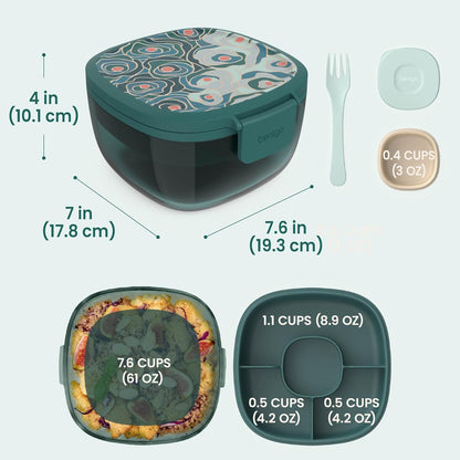 Glass Prints Salad Container - 7.6-Cup Tinted Glass Salad Bowl with Airtight Lid, Leak-Proof Sauce Container, 4-Compartment Bento Meal Prep Tray & Reusable Fork (Floral Maximalist - Sea)