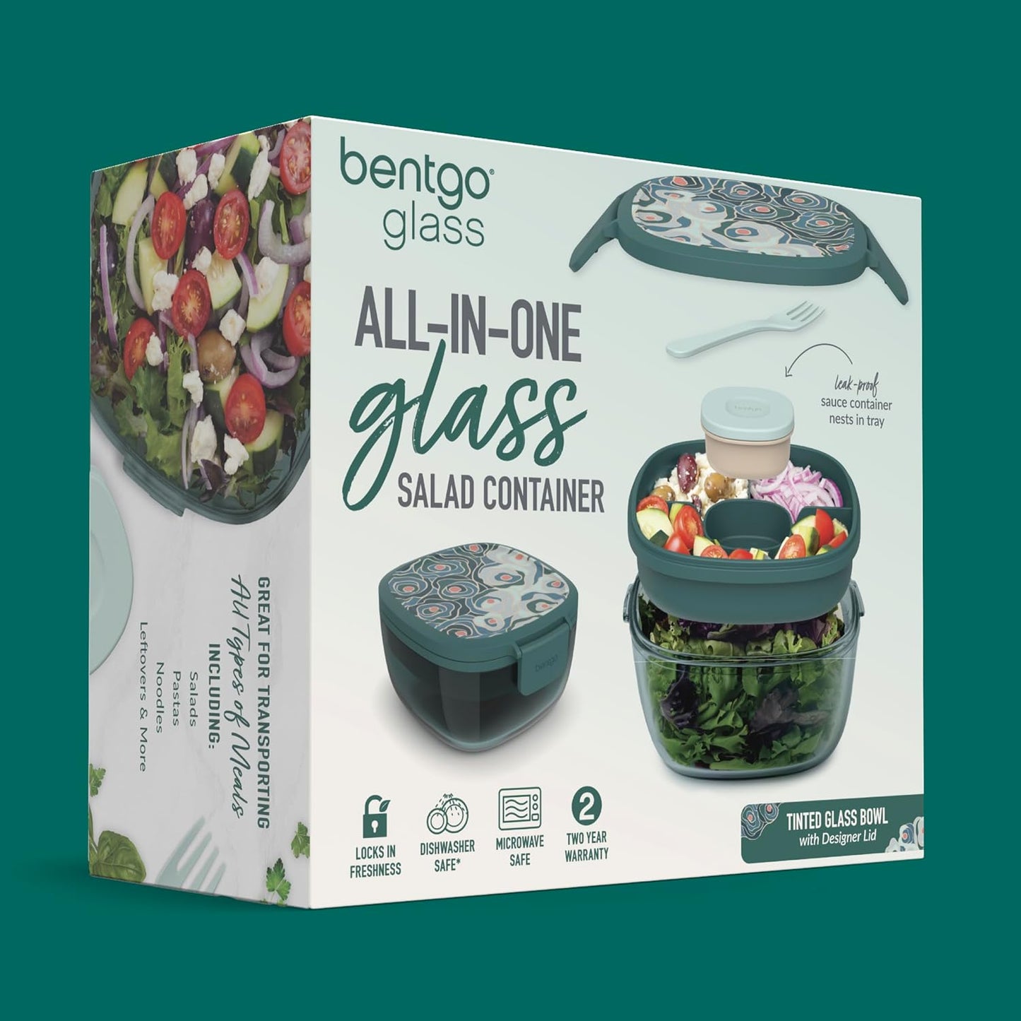 Glass Prints Salad Container - 7.6-Cup Tinted Glass Salad Bowl with Airtight Lid, Leak-Proof Sauce Container, 4-Compartment Bento Meal Prep Tray & Reusable Fork (Floral Maximalist - Sea)
