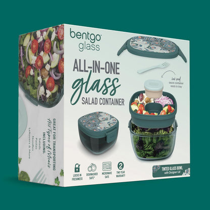 Glass Prints Salad Container - 7.6-Cup Tinted Glass Salad Bowl with Airtight Lid, Leak-Proof Sauce Container, 4-Compartment Bento Meal Prep Tray & Reusable Fork (Floral Maximalist - Sea)
