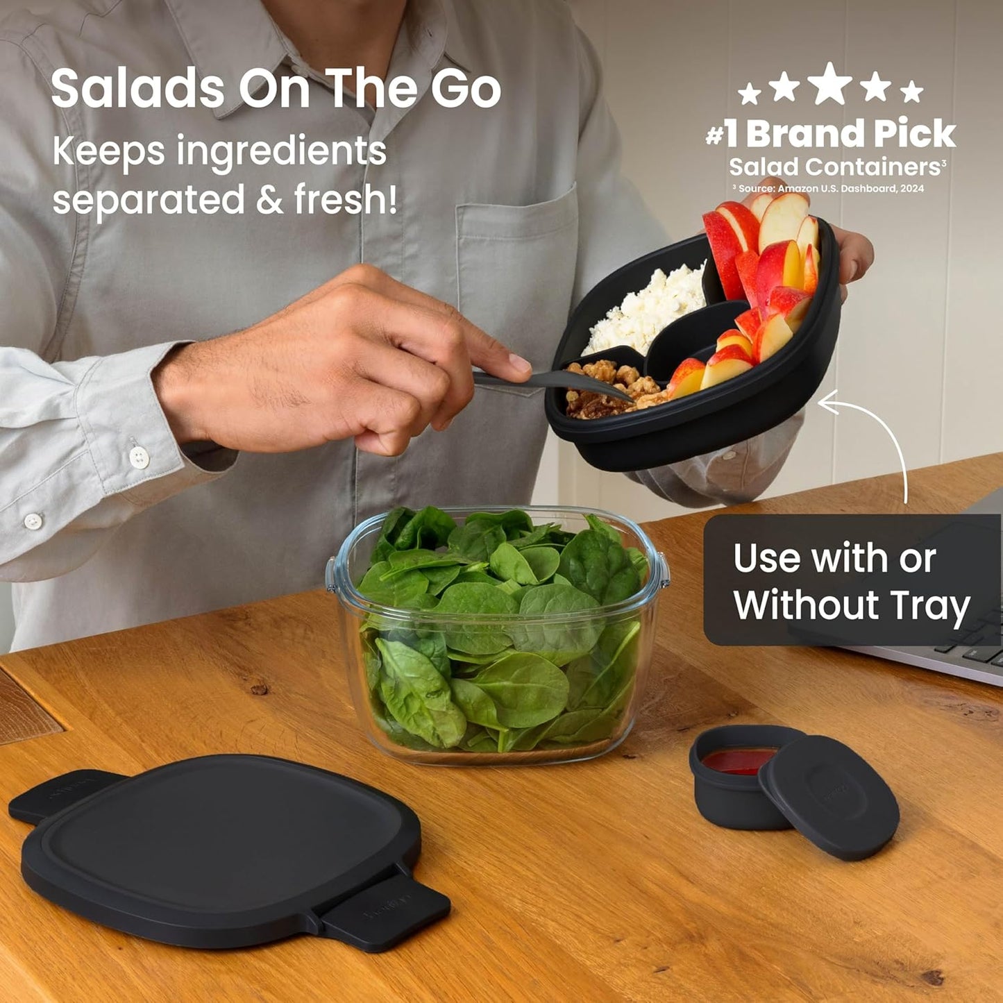 Glass Prints Salad Container - 7.6-Cup Tinted Glass Salad Bowl with Airtight Lid, Leak-Proof Sauce Container, 4-Compartment Bento Meal Prep Tray & Reusable Fork (Floral Maximalist - Sea)