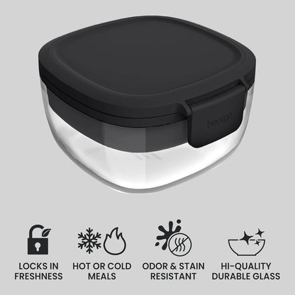 Glass Prints Salad Container - 7.6-Cup Tinted Glass Salad Bowl with Airtight Lid, Leak-Proof Sauce Container, 4-Compartment Bento Meal Prep Tray & Reusable Fork (Floral Maximalist - Sea)