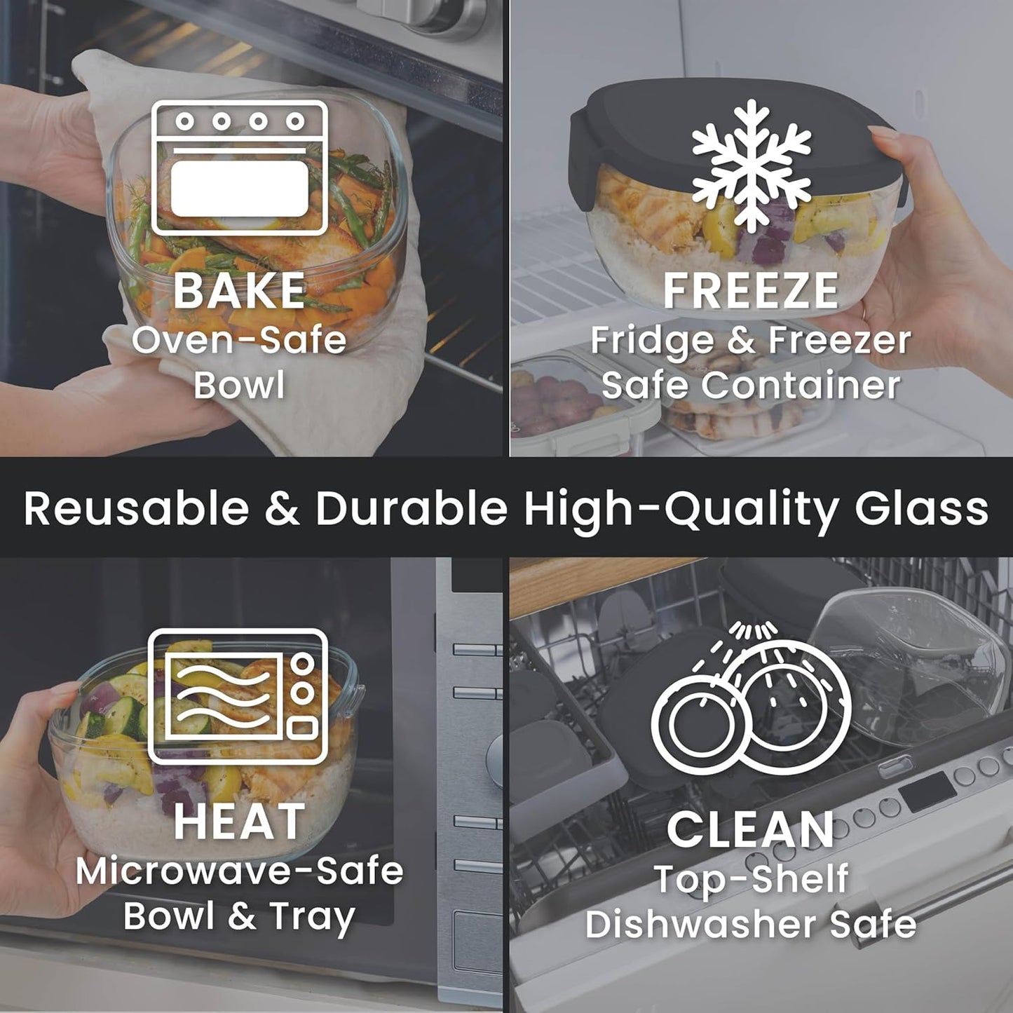Glass Prints Salad Container - 7.6-Cup Tinted Glass Salad Bowl with Airtight Lid, Leak-Proof Sauce Container, 4-Compartment Bento Meal Prep Tray & Reusable Fork (Floral Maximalist - Sea)