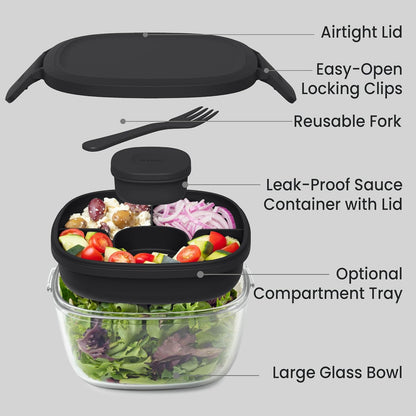 Glass Prints Salad Container - 7.6-Cup Tinted Glass Salad Bowl with Airtight Lid, Leak-Proof Sauce Container, 4-Compartment Bento Meal Prep Tray & Reusable Fork (Floral Maximalist - Sea)