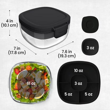 Glass Prints Salad Container - 7.6-Cup Tinted Glass Salad Bowl with Airtight Lid, Leak-Proof Sauce Container, 4-Compartment Bento Meal Prep Tray & Reusable Fork (Floral Maximalist - Sea)