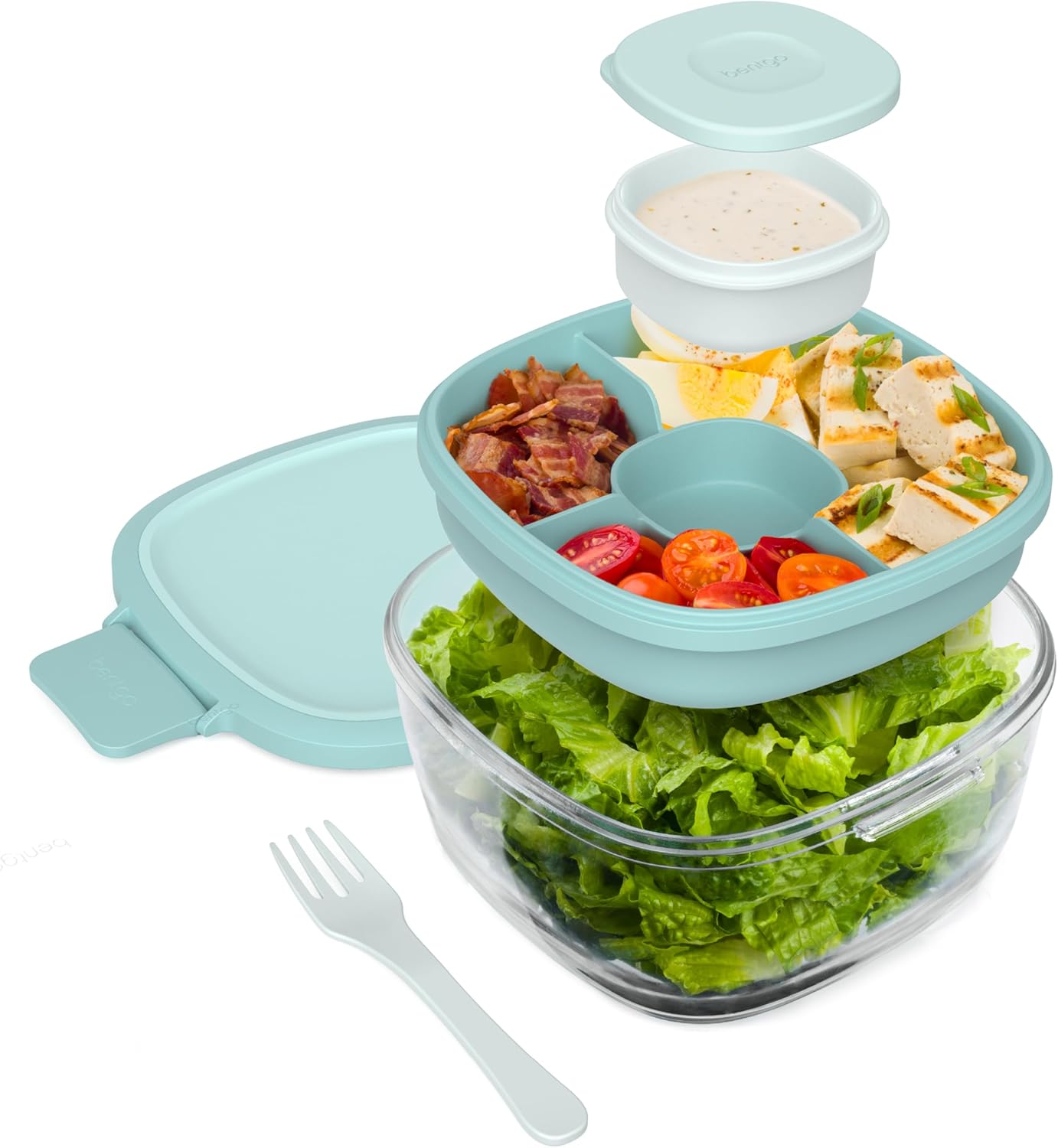 Glass Prints Salad Container - 7.6-Cup Tinted Glass Salad Bowl with Airtight Lid, Leak-Proof Sauce Container, 4-Compartment Bento Meal Prep Tray & Reusable Fork (Floral Maximalist - Sea)
