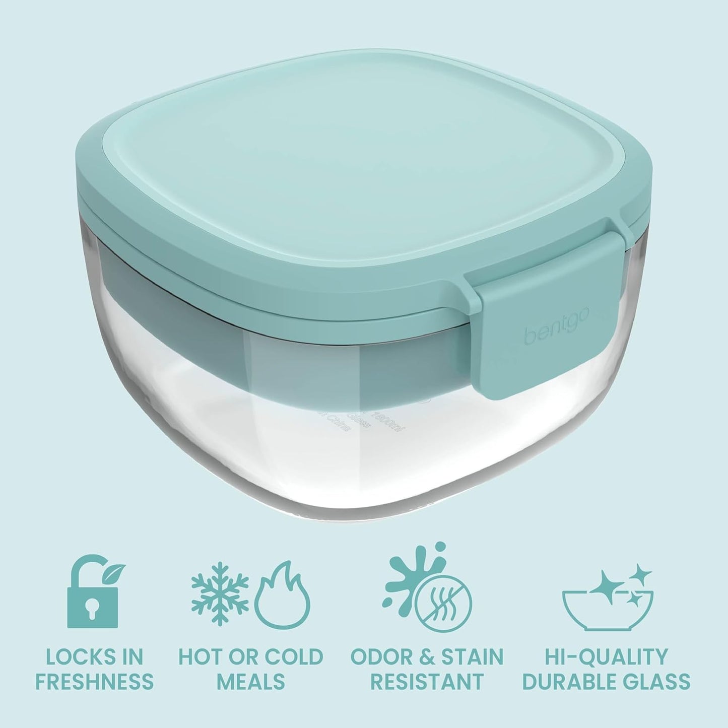 Glass Prints Salad Container - 7.6-Cup Tinted Glass Salad Bowl with Airtight Lid, Leak-Proof Sauce Container, 4-Compartment Bento Meal Prep Tray & Reusable Fork (Floral Maximalist - Sea)
