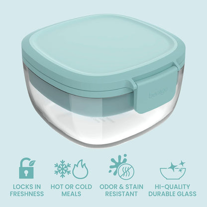 Glass Prints Salad Container - 7.6-Cup Tinted Glass Salad Bowl with Airtight Lid, Leak-Proof Sauce Container, 4-Compartment Bento Meal Prep Tray & Reusable Fork (Floral Maximalist - Sea)