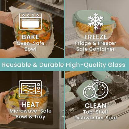 Glass Prints Salad Container - 7.6-Cup Tinted Glass Salad Bowl with Airtight Lid, Leak-Proof Sauce Container, 4-Compartment Bento Meal Prep Tray & Reusable Fork (Floral Maximalist - Sea)