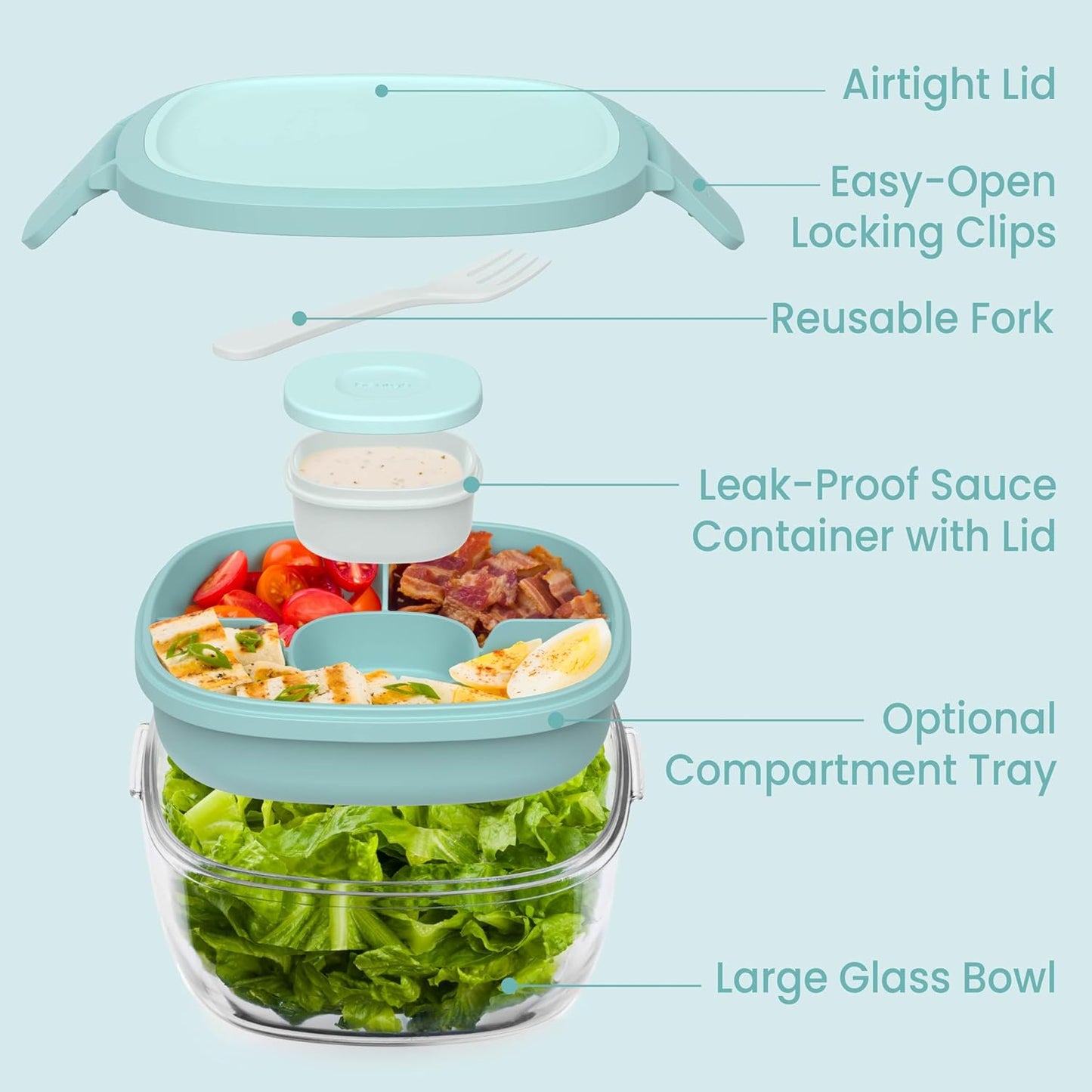 Glass Prints Salad Container - 7.6-Cup Tinted Glass Salad Bowl with Airtight Lid, Leak-Proof Sauce Container, 4-Compartment Bento Meal Prep Tray & Reusable Fork (Floral Maximalist - Sea)