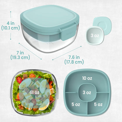 Glass Prints Salad Container - 7.6-Cup Tinted Glass Salad Bowl with Airtight Lid, Leak-Proof Sauce Container, 4-Compartment Bento Meal Prep Tray & Reusable Fork (Floral Maximalist - Sea)