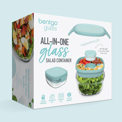Glass Prints Salad Container - 7.6-Cup Tinted Glass Salad Bowl with Airtight Lid, Leak-Proof Sauce Container, 4-Compartment Bento Meal Prep Tray & Reusable Fork (Floral Maximalist - Sea)