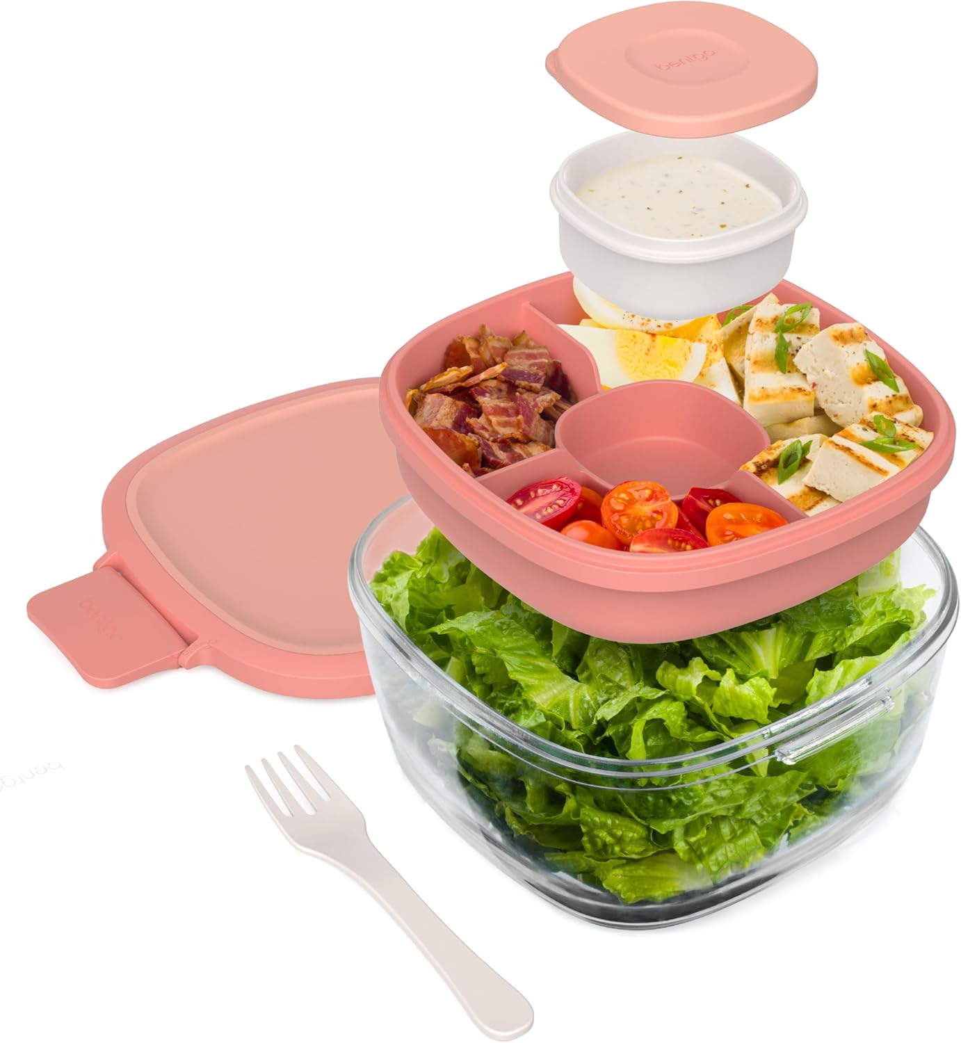 Glass Prints Salad Container - 7.6-Cup Tinted Glass Salad Bowl with Airtight Lid, Leak-Proof Sauce Container, 4-Compartment Bento Meal Prep Tray & Reusable Fork (Floral Maximalist - Sea)