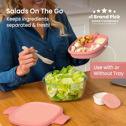 Glass Prints Salad Container - 7.6-Cup Tinted Glass Salad Bowl with Airtight Lid, Leak-Proof Sauce Container, 4-Compartment Bento Meal Prep Tray & Reusable Fork (Floral Maximalist - Sea)
