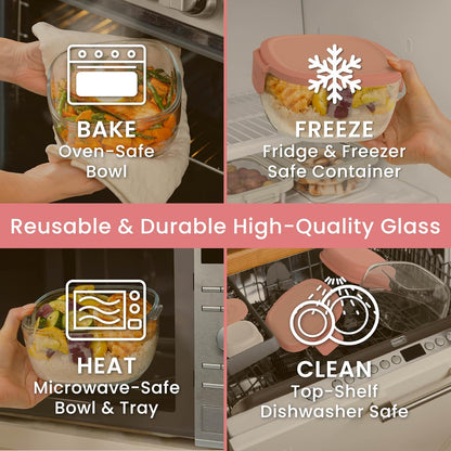 Glass Prints Salad Container - 7.6-Cup Tinted Glass Salad Bowl with Airtight Lid, Leak-Proof Sauce Container, 4-Compartment Bento Meal Prep Tray & Reusable Fork (Floral Maximalist - Sea)