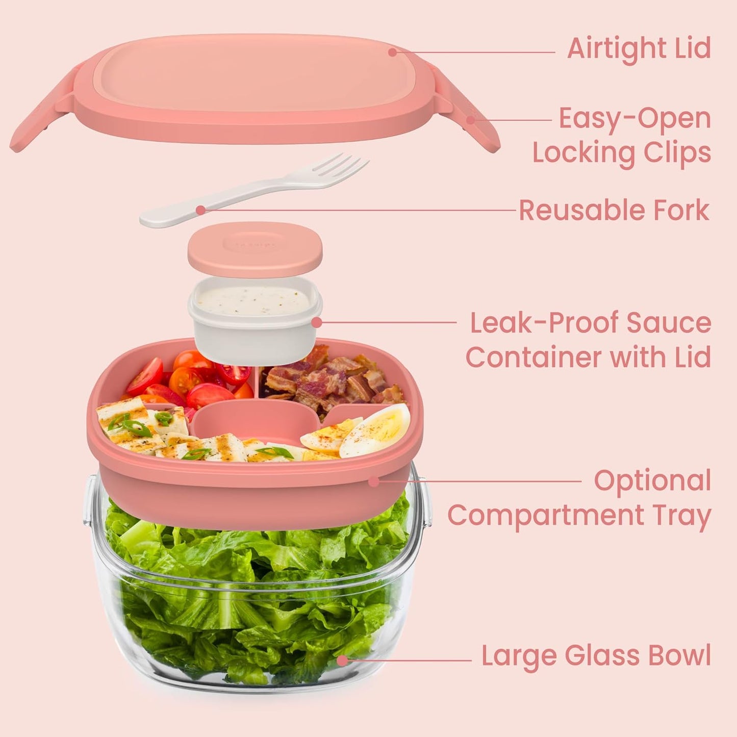 Glass Prints Salad Container - 7.6-Cup Tinted Glass Salad Bowl with Airtight Lid, Leak-Proof Sauce Container, 4-Compartment Bento Meal Prep Tray & Reusable Fork (Floral Maximalist - Sea)