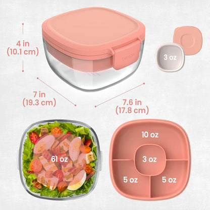 Glass Prints Salad Container - 7.6-Cup Tinted Glass Salad Bowl with Airtight Lid, Leak-Proof Sauce Container, 4-Compartment Bento Meal Prep Tray & Reusable Fork (Floral Maximalist - Sea)
