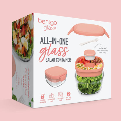 Glass Prints Salad Container - 7.6-Cup Tinted Glass Salad Bowl with Airtight Lid, Leak-Proof Sauce Container, 4-Compartment Bento Meal Prep Tray & Reusable Fork (Floral Maximalist - Sea)