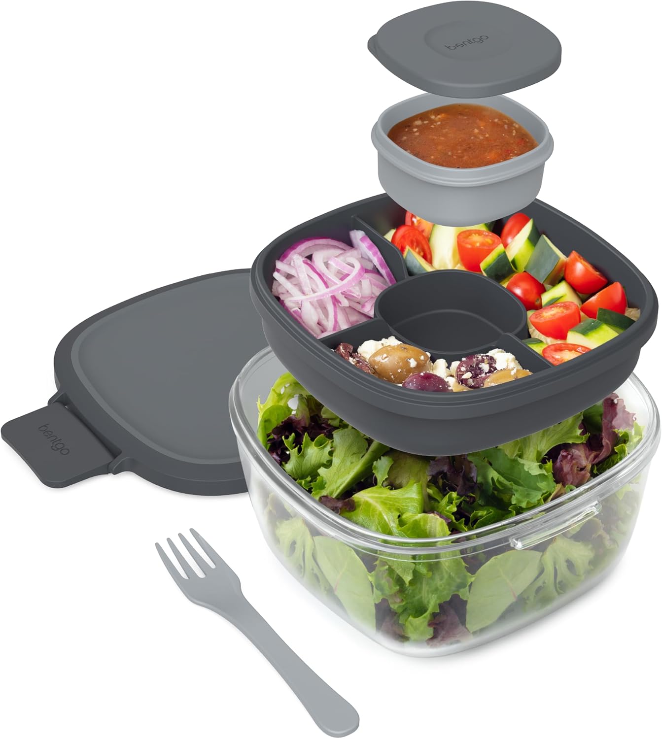 Glass Prints Salad Container - 7.6-Cup Tinted Glass Salad Bowl with Airtight Lid, Leak-Proof Sauce Container, 4-Compartment Bento Meal Prep Tray & Reusable Fork (Floral Maximalist - Sea)