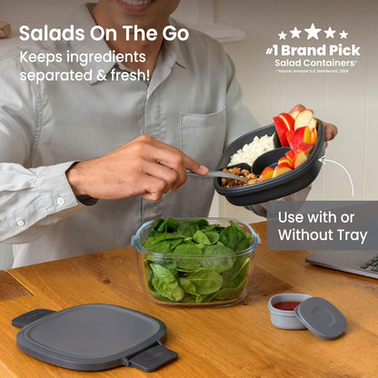 Glass Prints Salad Container - 7.6-Cup Tinted Glass Salad Bowl with Airtight Lid, Leak-Proof Sauce Container, 4-Compartment Bento Meal Prep Tray & Reusable Fork (Floral Maximalist - Sea)