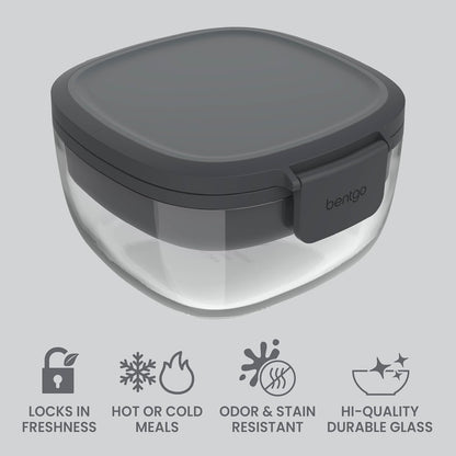 Glass Prints Salad Container - 7.6-Cup Tinted Glass Salad Bowl with Airtight Lid, Leak-Proof Sauce Container, 4-Compartment Bento Meal Prep Tray & Reusable Fork (Floral Maximalist - Sea)