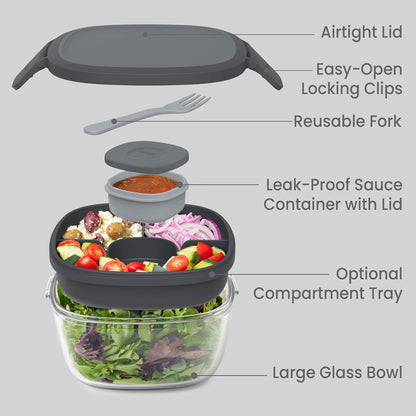 Glass Prints Salad Container - 7.6-Cup Tinted Glass Salad Bowl with Airtight Lid, Leak-Proof Sauce Container, 4-Compartment Bento Meal Prep Tray & Reusable Fork (Floral Maximalist - Sea)