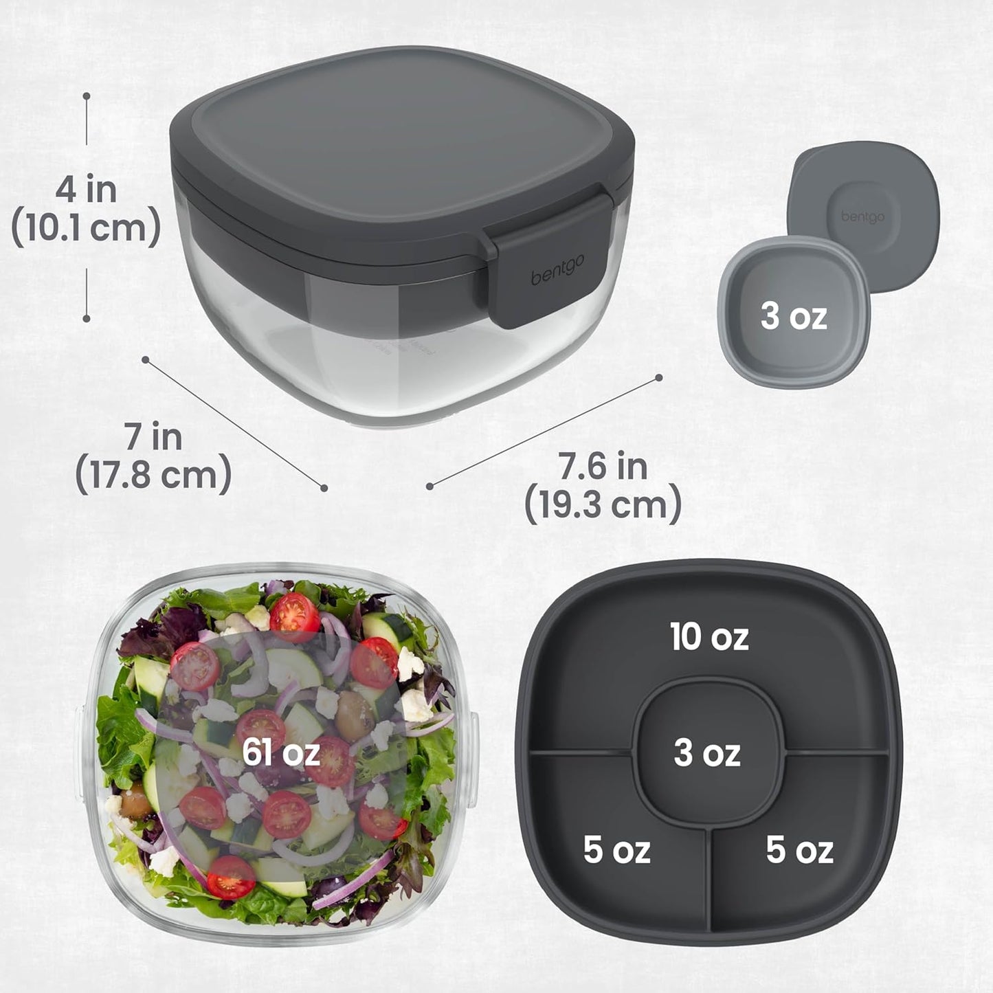 Glass Prints Salad Container - 7.6-Cup Tinted Glass Salad Bowl with Airtight Lid, Leak-Proof Sauce Container, 4-Compartment Bento Meal Prep Tray & Reusable Fork (Floral Maximalist - Sea)