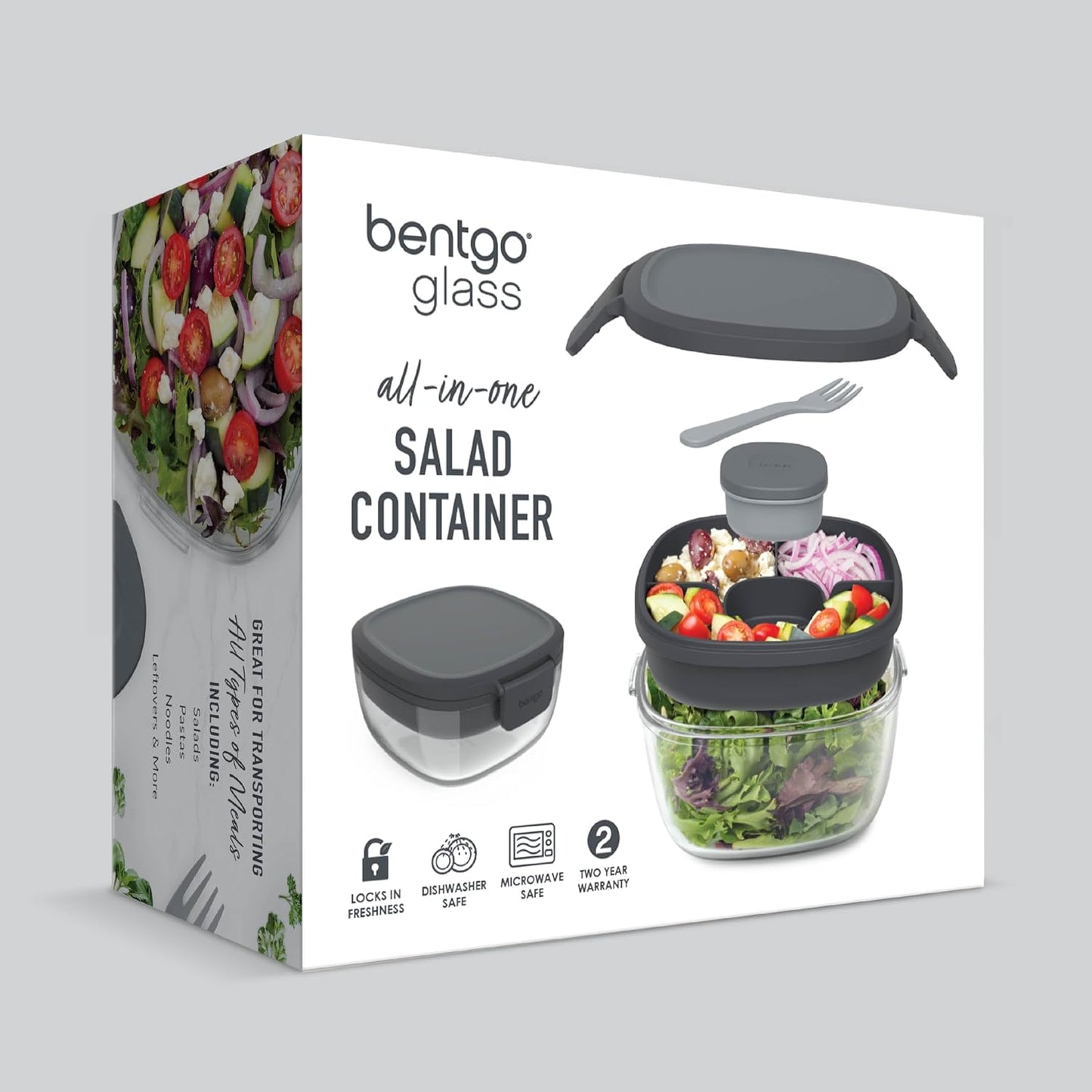 Glass Prints Salad Container - 7.6-Cup Tinted Glass Salad Bowl with Airtight Lid, Leak-Proof Sauce Container, 4-Compartment Bento Meal Prep Tray & Reusable Fork (Floral Maximalist - Sea)