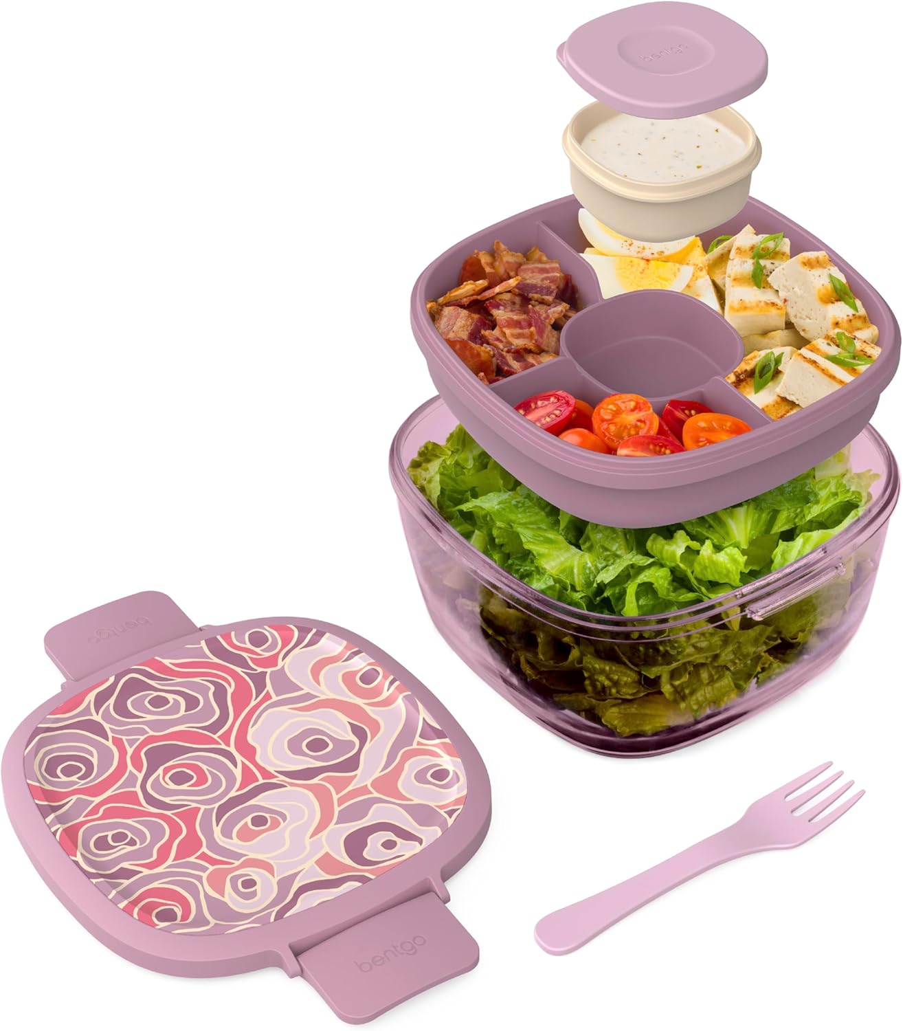 Glass Prints Salad Container - 7.6-Cup Tinted Glass Salad Bowl with Airtight Lid, Leak-Proof Sauce Container, 4-Compartment Bento Meal Prep Tray & Reusable Fork (Floral Maximalist - Sea)