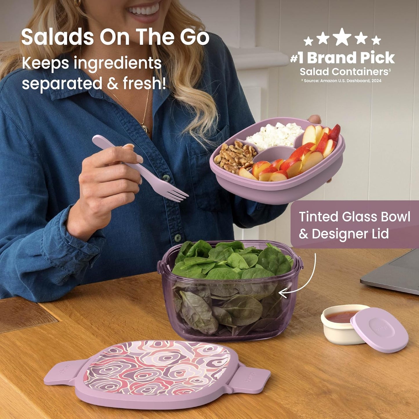 Glass Prints Salad Container - 7.6-Cup Tinted Glass Salad Bowl with Airtight Lid, Leak-Proof Sauce Container, 4-Compartment Bento Meal Prep Tray & Reusable Fork (Floral Maximalist - Sea)