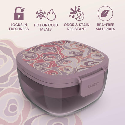 Glass Prints Salad Container - 7.6-Cup Tinted Glass Salad Bowl with Airtight Lid, Leak-Proof Sauce Container, 4-Compartment Bento Meal Prep Tray & Reusable Fork (Floral Maximalist - Sea)