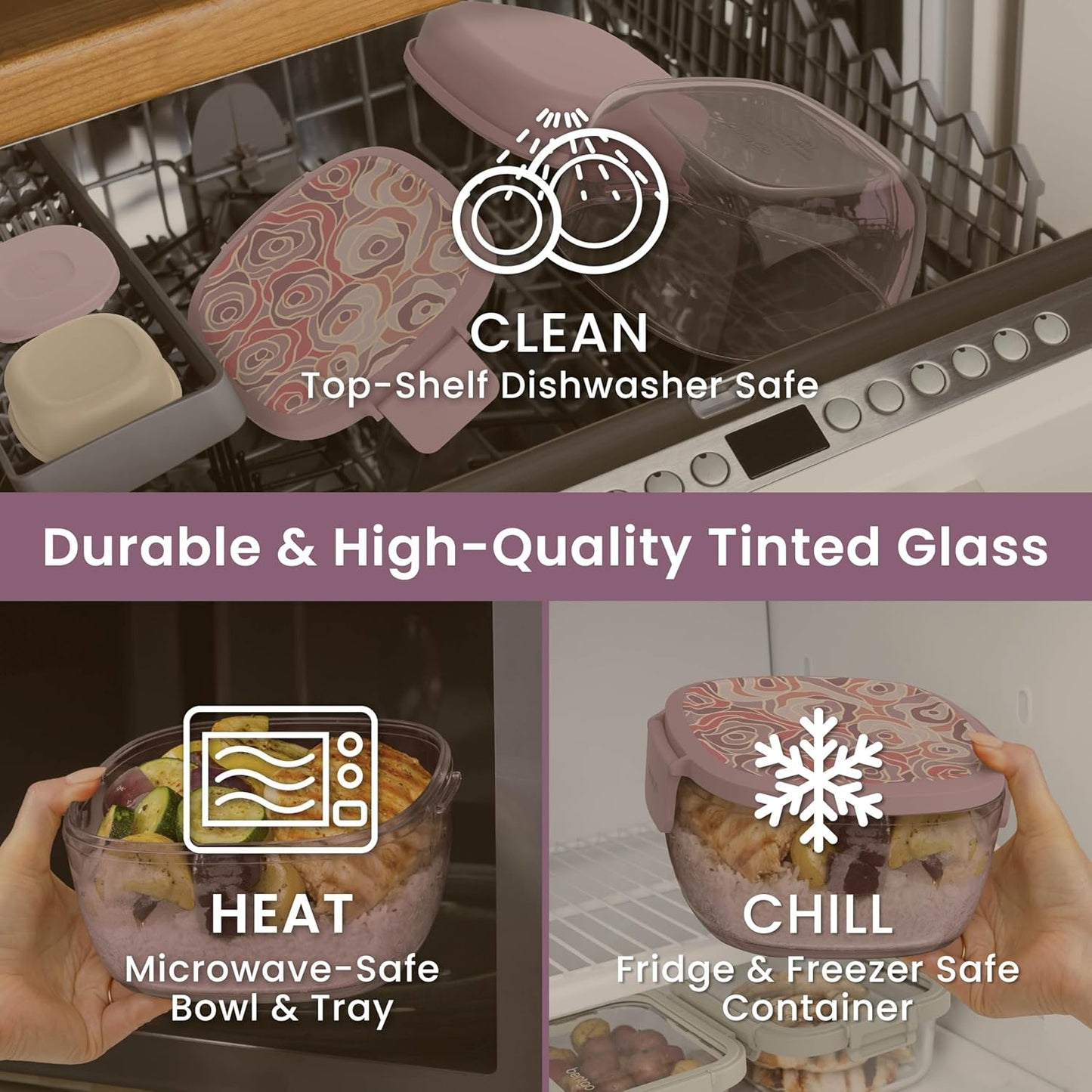 Glass Prints Salad Container - 7.6-Cup Tinted Glass Salad Bowl with Airtight Lid, Leak-Proof Sauce Container, 4-Compartment Bento Meal Prep Tray & Reusable Fork (Floral Maximalist - Sea)