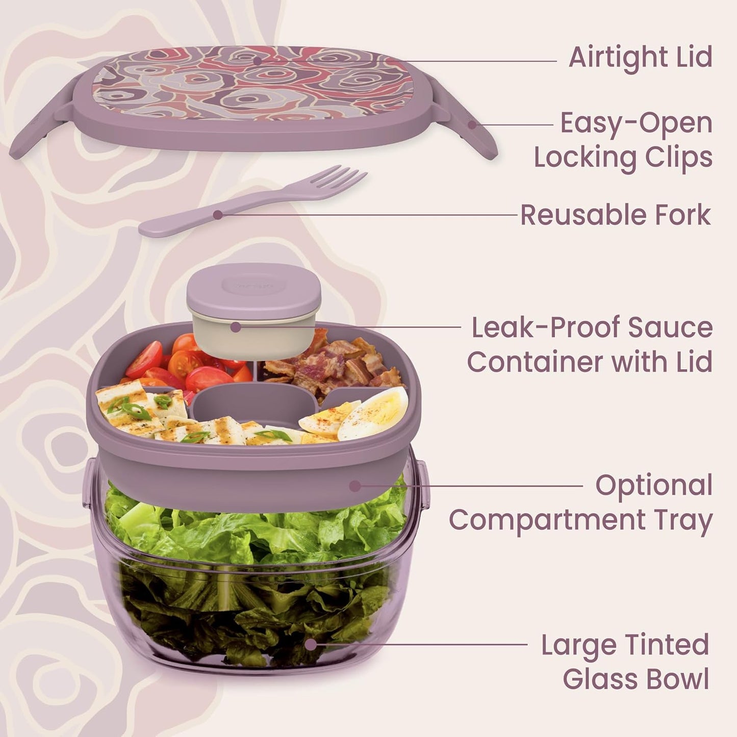 Glass Prints Salad Container - 7.6-Cup Tinted Glass Salad Bowl with Airtight Lid, Leak-Proof Sauce Container, 4-Compartment Bento Meal Prep Tray & Reusable Fork (Floral Maximalist - Sea)