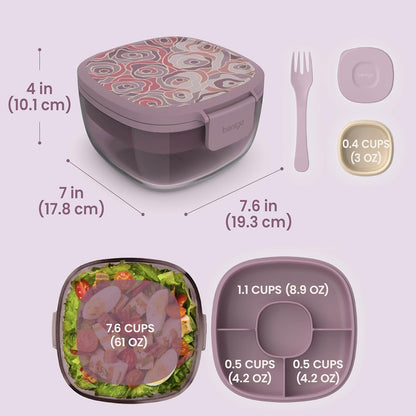 Glass Prints Salad Container - 7.6-Cup Tinted Glass Salad Bowl with Airtight Lid, Leak-Proof Sauce Container, 4-Compartment Bento Meal Prep Tray & Reusable Fork (Floral Maximalist - Sea)