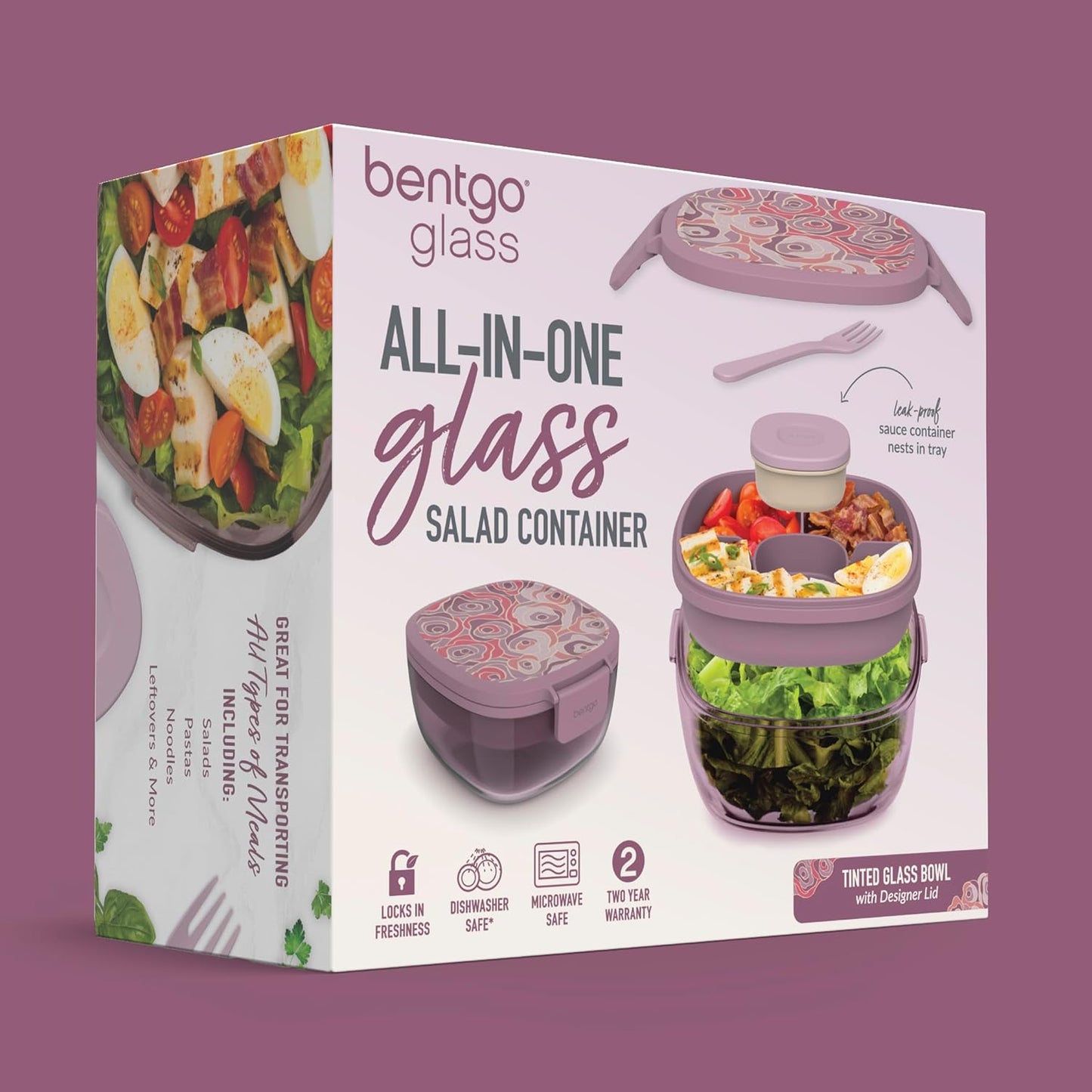 Glass Prints Salad Container - 7.6-Cup Tinted Glass Salad Bowl with Airtight Lid, Leak-Proof Sauce Container, 4-Compartment Bento Meal Prep Tray & Reusable Fork (Floral Maximalist - Sea)
