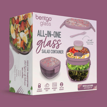 Glass Prints Salad Container - 7.6-Cup Tinted Glass Salad Bowl with Airtight Lid, Leak-Proof Sauce Container, 4-Compartment Bento Meal Prep Tray & Reusable Fork (Floral Maximalist - Sea)