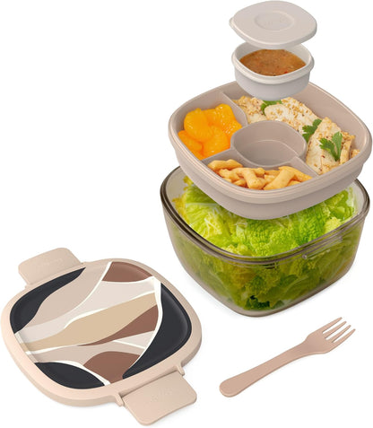 Glass Prints Salad Container - 7.6-Cup Tinted Glass Salad Bowl with Airtight Lid, Leak-Proof Sauce Container, 4-Compartment Bento Meal Prep Tray & Reusable Fork (Floral Maximalist - Sea)