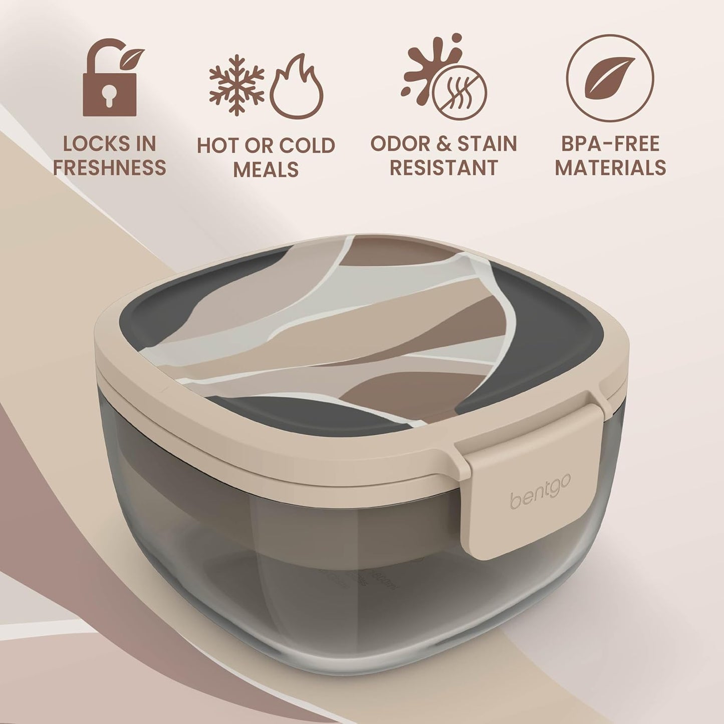 Glass Prints Salad Container - 7.6-Cup Tinted Glass Salad Bowl with Airtight Lid, Leak-Proof Sauce Container, 4-Compartment Bento Meal Prep Tray & Reusable Fork (Floral Maximalist - Sea)