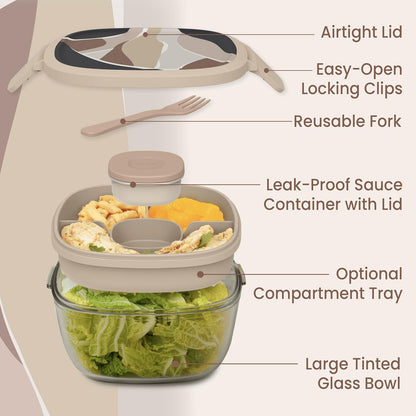 Glass Prints Salad Container - 7.6-Cup Tinted Glass Salad Bowl with Airtight Lid, Leak-Proof Sauce Container, 4-Compartment Bento Meal Prep Tray & Reusable Fork (Floral Maximalist - Sea)