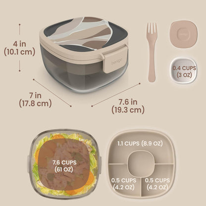 Glass Prints Salad Container - 7.6-Cup Tinted Glass Salad Bowl with Airtight Lid, Leak-Proof Sauce Container, 4-Compartment Bento Meal Prep Tray & Reusable Fork (Floral Maximalist - Sea)