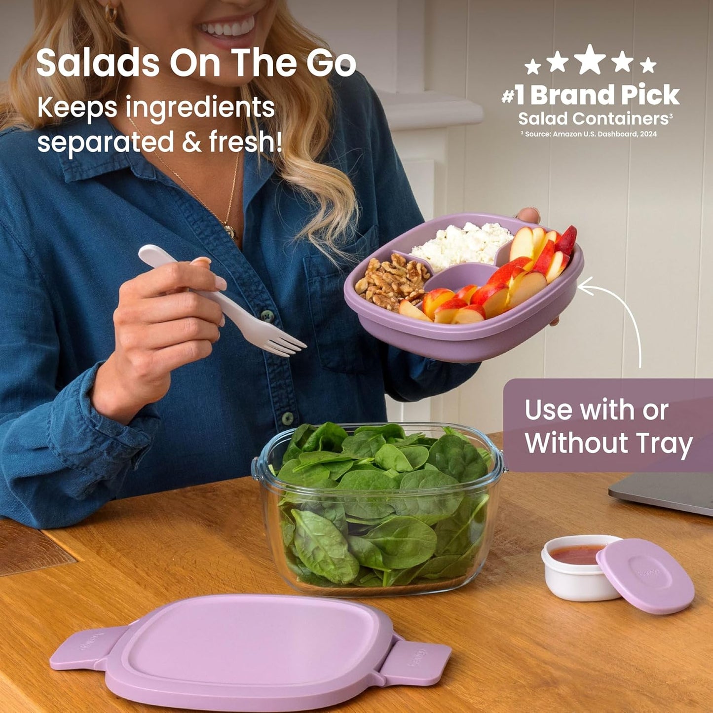 Glass Prints Salad Container - 7.6-Cup Tinted Glass Salad Bowl with Airtight Lid, Leak-Proof Sauce Container, 4-Compartment Bento Meal Prep Tray & Reusable Fork (Floral Maximalist - Sea)
