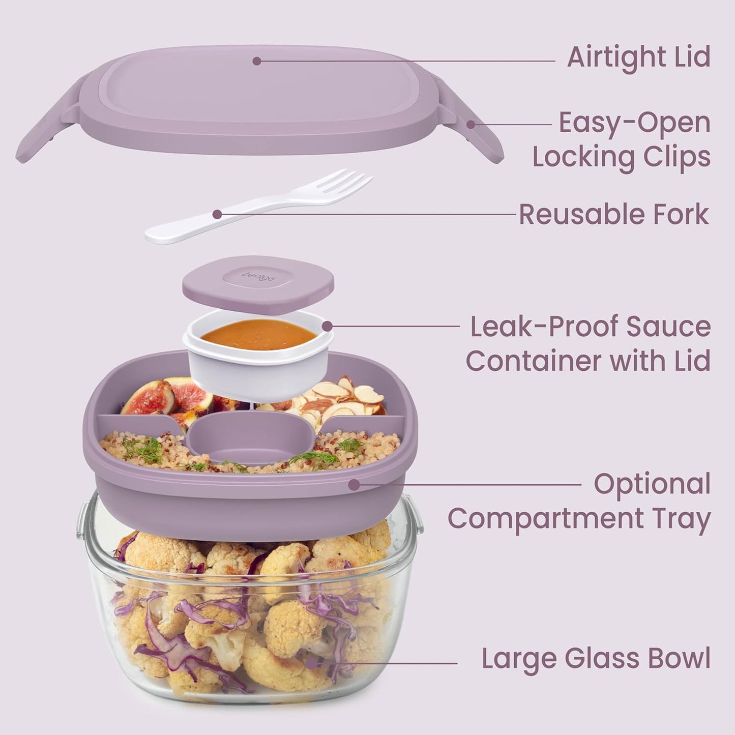 Glass Prints Salad Container - 7.6-Cup Tinted Glass Salad Bowl with Airtight Lid, Leak-Proof Sauce Container, 4-Compartment Bento Meal Prep Tray & Reusable Fork (Floral Maximalist - Sea)