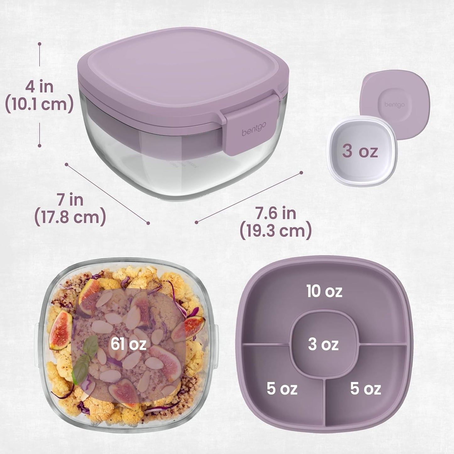 Glass Prints Salad Container - 7.6-Cup Tinted Glass Salad Bowl with Airtight Lid, Leak-Proof Sauce Container, 4-Compartment Bento Meal Prep Tray & Reusable Fork (Floral Maximalist - Sea)