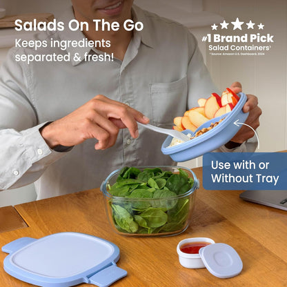 Glass Prints Salad Container - 7.6-Cup Tinted Glass Salad Bowl with Airtight Lid, Leak-Proof Sauce Container, 4-Compartment Bento Meal Prep Tray & Reusable Fork (Floral Maximalist - Sea)