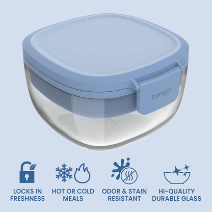 Glass Prints Salad Container - 7.6-Cup Tinted Glass Salad Bowl with Airtight Lid, Leak-Proof Sauce Container, 4-Compartment Bento Meal Prep Tray & Reusable Fork (Floral Maximalist - Sea)
