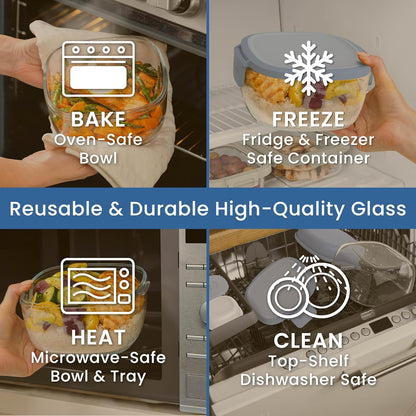 Glass Prints Salad Container - 7.6-Cup Tinted Glass Salad Bowl with Airtight Lid, Leak-Proof Sauce Container, 4-Compartment Bento Meal Prep Tray & Reusable Fork (Floral Maximalist - Sea)