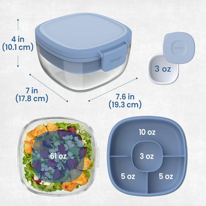 Glass Prints Salad Container - 7.6-Cup Tinted Glass Salad Bowl with Airtight Lid, Leak-Proof Sauce Container, 4-Compartment Bento Meal Prep Tray & Reusable Fork (Floral Maximalist - Sea)