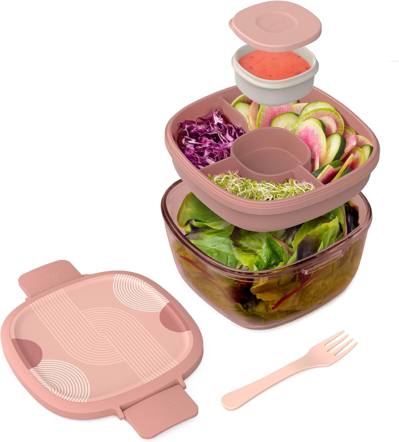 Glass Prints Salad Container - 7.6-Cup Tinted Glass Salad Bowl with Airtight Lid, Leak-Proof Sauce Container, 4-Compartment Bento Meal Prep Tray & Reusable Fork (Floral Maximalist - Sea)